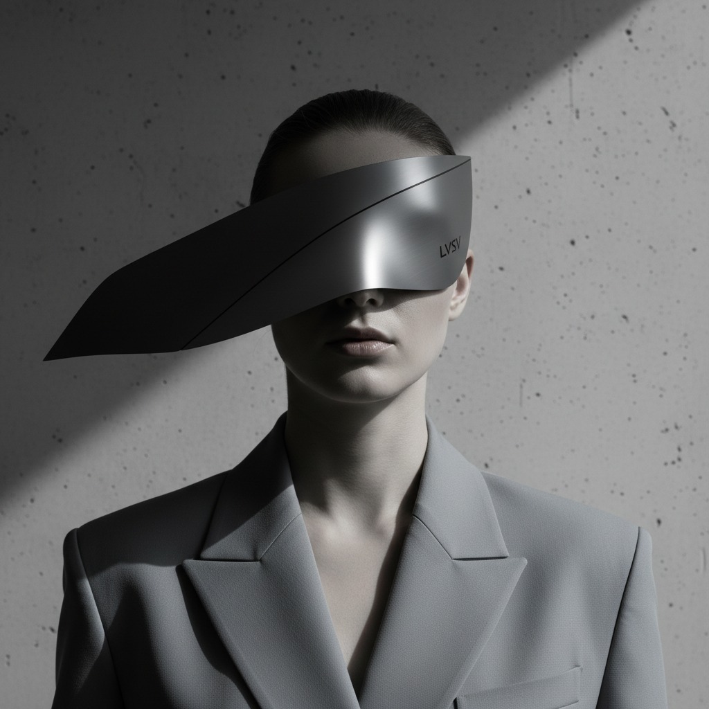 Une personne portant un veston gris et une visière métallique asymétrique sur les yeux devant un mur de béton.